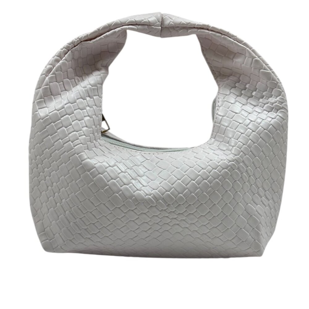 Embossed Woven Slouchy Mini Hobo Bag Faux Leather-White- NWT